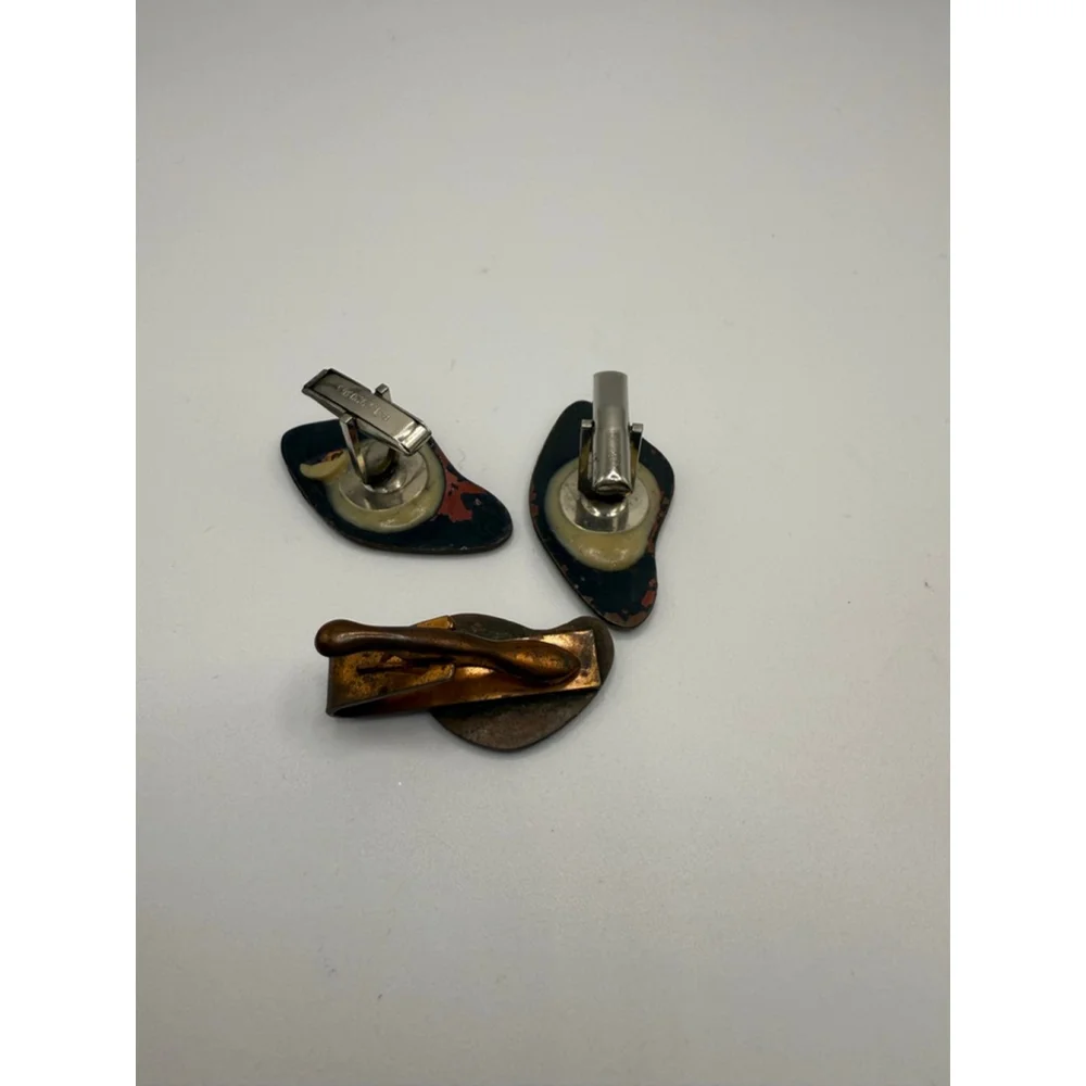 Set Enameled Copper Hand Crafted mcm Vintage Retro Cufflinks & Tie Clip